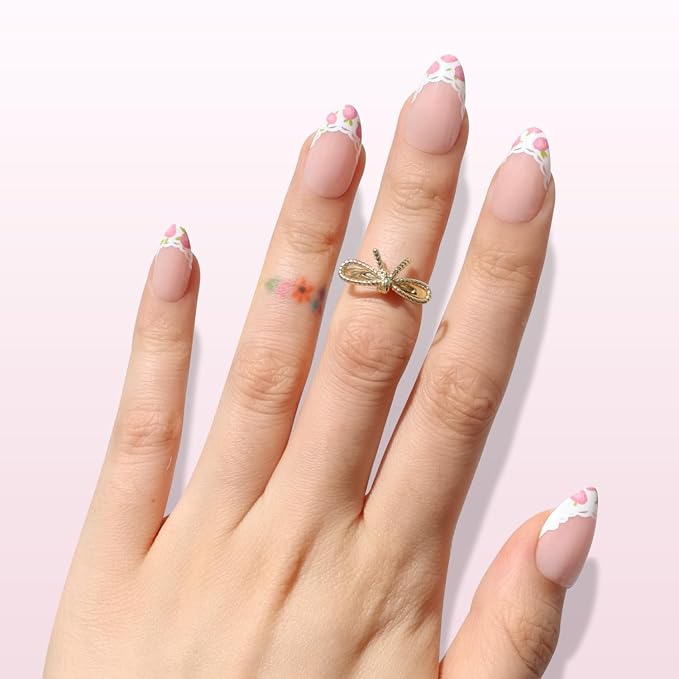 Nail Reformation Press On Nails, Fleur De Lace | Short Almond Fake Nails | with Lace French Tip & Rose Floral on Nude Base in Glossy Finish, Reusable Nails in 16 Sizes - 32 Nail Kit, Gifts for Women