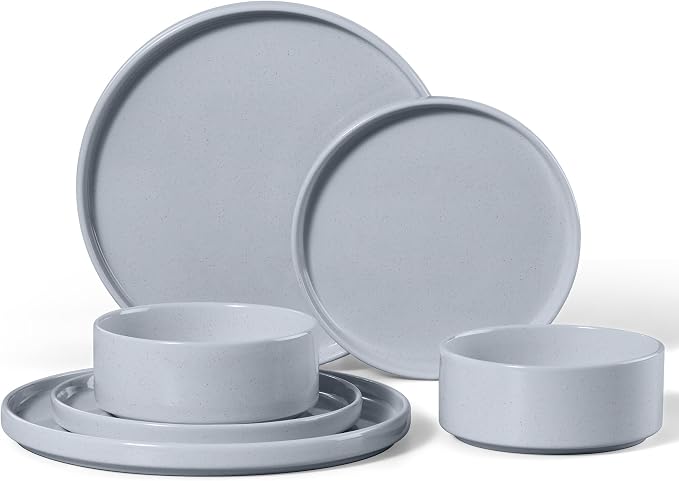 E-far 6-Piece Stoneware Dinnerware Sets, Plates and Bowls Set for 2, Gray | Kitchen Modern Dishes Set for Everyday & Formal, Chip and Scratch Resistant, Microwave & Dishwasher Safe, Speckled Gray