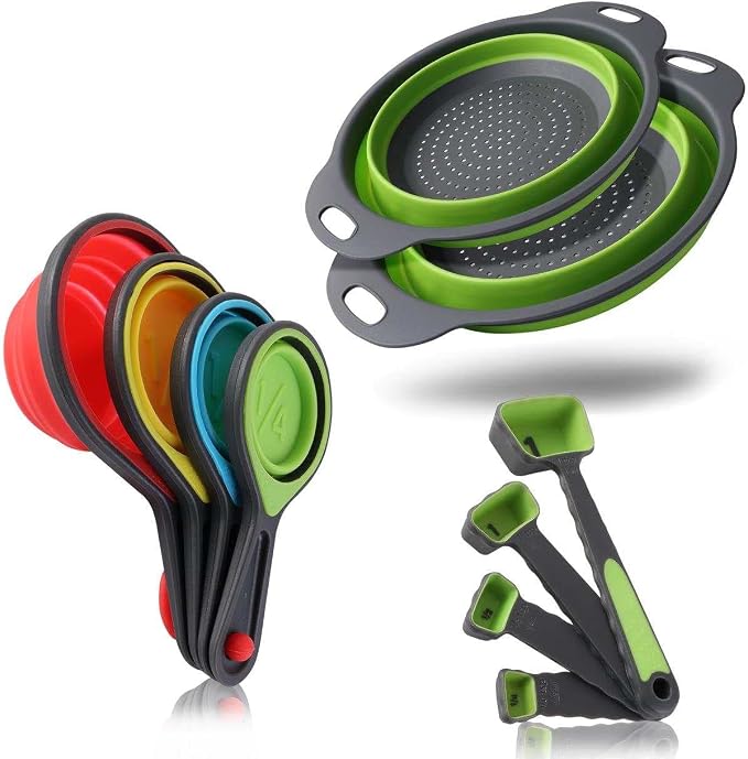 Collapsible Colander Set - 2 Pc Strainer Plus Food Grade Silicone Measuring Cups and Spoons - Pasta Strainer for Draining, Vegetables, Fruits 1 Medium 4-Quart & 1 Small 2-Quart - Home Essentials
