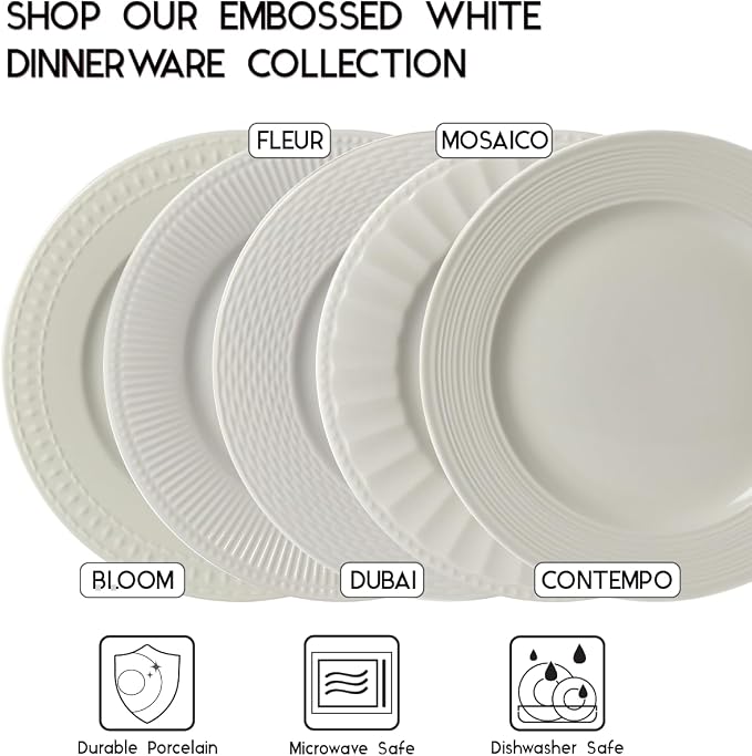 Tabletops Gallery Embossed Bone White Porcelain Round Dinnerware Collection- Chip Resistant Scratch Resistant, Dubai 12 Piece Dinnerware Set (Dinner Plate, Salad Plate, Cereal Bowl)