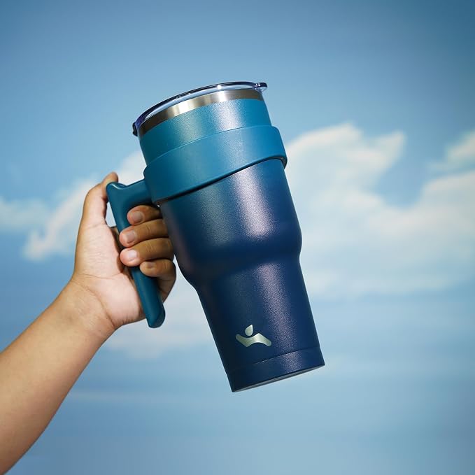 Konokyo 40 oz Tumbler with Handle and Straw, Insulated Travel Mug | Indigo Black; BPA-free, leak-proof tumbler with 2 lids, 2 straws, cup holder fit for coffee, office, travel & daily use