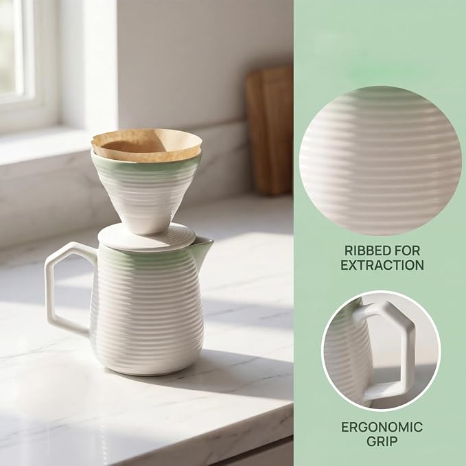 pour over coffee maker - Ceramic Dripper Pot, Heat-Resistant & Easy Clean | Manual Slow Drip Coffee Brewer for Office, Home, Camping 1-3 Cup Pour 20 coffee filters