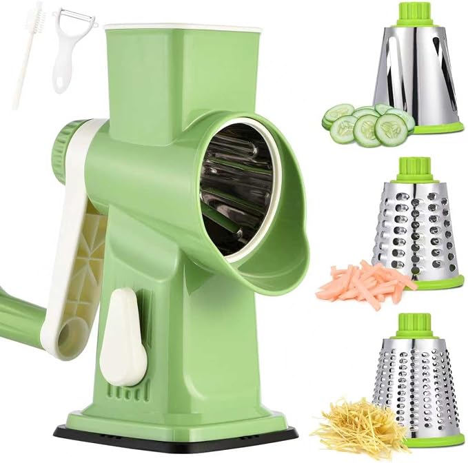 Rotary Cheese Grater Hand Crank Transparent - Shredder Slicer Grinder 3 Stainless Steel Blades, Stable Suction, Labor-Saving Handle, Safe Kitchen Tool for Cheese, Vegetable, Nuts, Chocolate