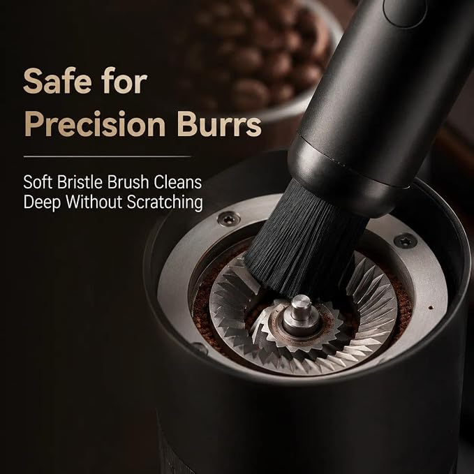 Mini Coffee Grinder Vacuum Cleaner for Espresso Machines & Barista Stations | Coffee vacuum, grounds cleanup, 4 heads, soft bristle brush, angled nozzle, blower tip, removable tray, USB-C rechargeable