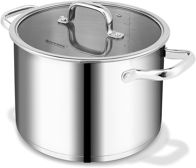 Rorence Stainless Steel Stock Pot, 8-Quart | Tri-Ply Base, Oven & Dishwasher Safe, Induction Cooking Pot