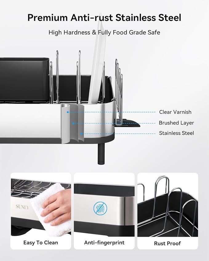 Expandable Dish Drying Rack, Versatile Brackets for Pots & Pans, Space Saving Kitchen Drying Rack, Dish Racks for Kitchen Counter, Stainless Steel Dish Drainers with Extendable Spout, Black