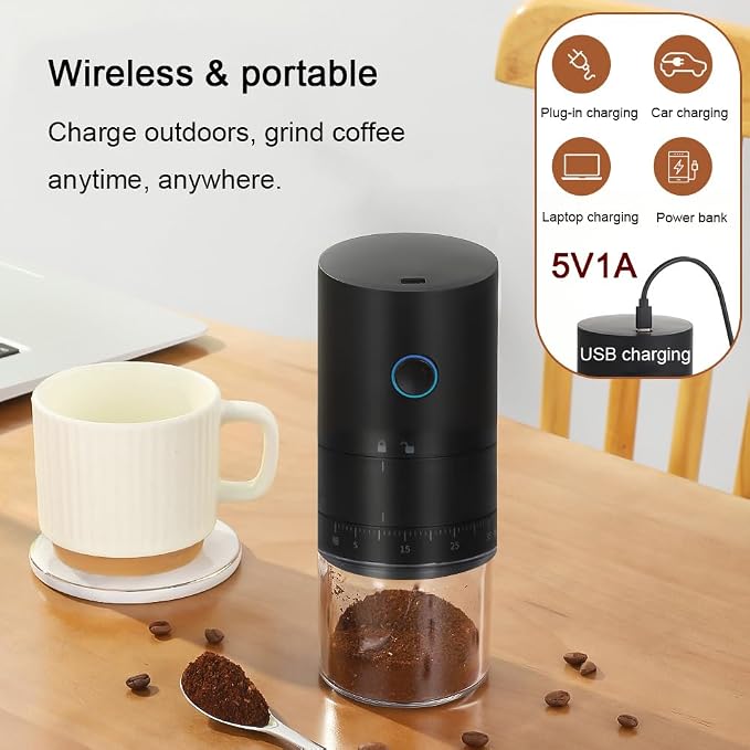 Portable Electric Burr Coffee Grinder with 38 Adjustable Grind Settings - USB Rechargeable Ceramic Core Conical Burr, Coffee Bean Grinder for Espresso, French Press, Travel, Camping, Home & Office Use