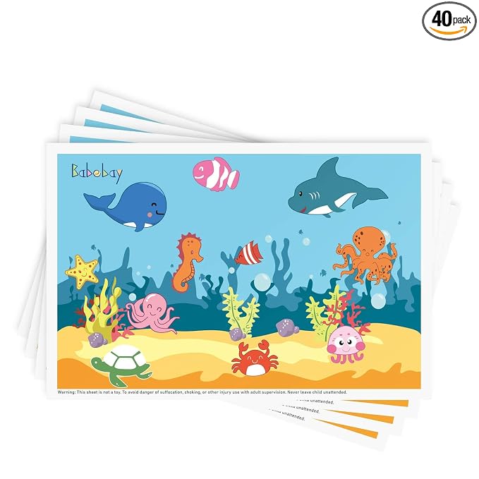 Disposable Stick-on Placemats 40 Pack for Baby & Kids, Toddler Placemats in Reusable Pouch 12" x 18" (Blue Ocean Life)