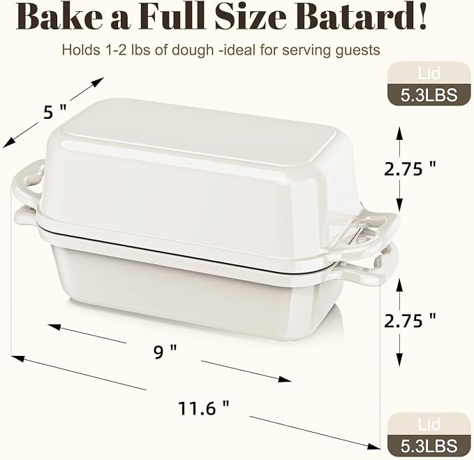 Enameled Cast Iron Sourdough Bread Dutch Oven, Cast Iron Loaf Bread Pan for Homemade Bread Baking, 2PCS 8.5 x 4.5 Inch Meatloaf Pan with Lid, Oven Safe, Cream