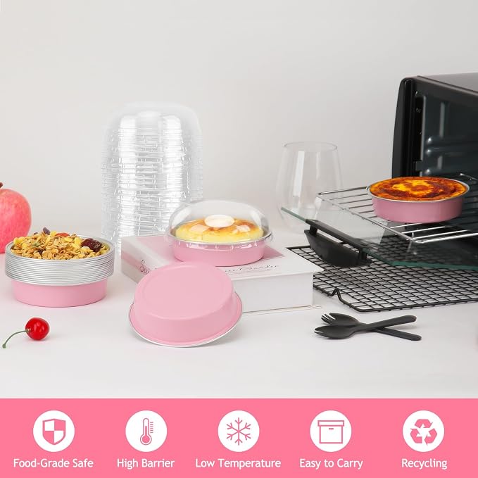 LNYZQUS 8oz Mini Pie Tins with Lids 50 Pack, 4 Inch Individual Cake Pans | Foil Disposable, Small Cake Tins, Mini Pie Containers, for Bake Sale Baking and Packaging, Round Pink
