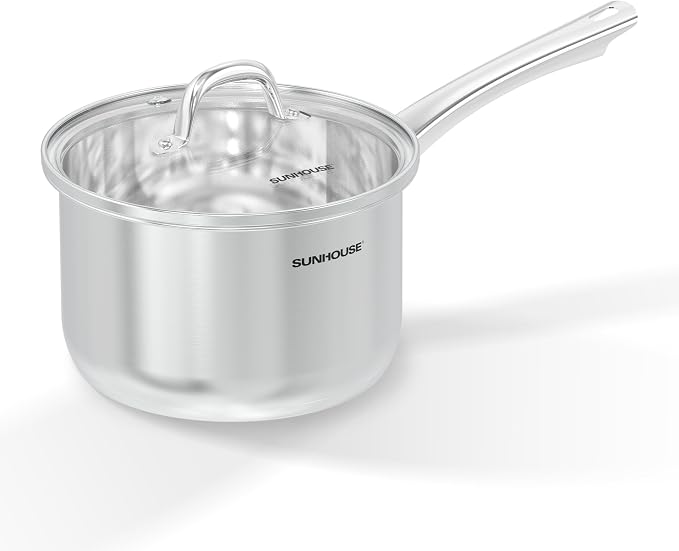SUNHOUSE 4 QT Stainless Steel Sauce Pan with Lid, Small Pot for Cooking | PFOA-Free Uncoated Milk Pan & Butter Warmer, Saucepan with Impact Bonding Base for Induction, Gas, Electric