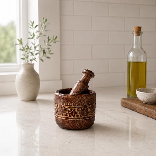 Handmade Wooden Mortar & Pestle Set, Herb Spice Garlic Masala Grinder Bowl | Rustic manual kharal crusher for ginger, peppercorns, seasonings, pesto, guacamole, pill crusher, easy to clean, kitchen prep