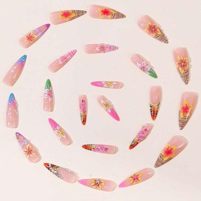 24Pcs Long Press On Nails Stiletto French Tip Fake Nails 3D Hawaii Flower Nails with Rhinestone Design Summer Floral Acrylic False Nails Full Cover Artificial Almond Nails Tips for Women Manicure