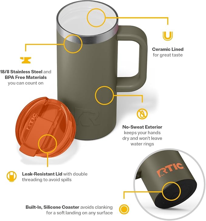 RTIC 16oz Road Trip Travel Mug with Lid and Handle, Ceramic Lined, Insulated, Stainless Steel, Metal, Double Wall Vacuum-Insulation, Portable Coffee, Tea Cup for Hot and Cold Drink, Trailblazer