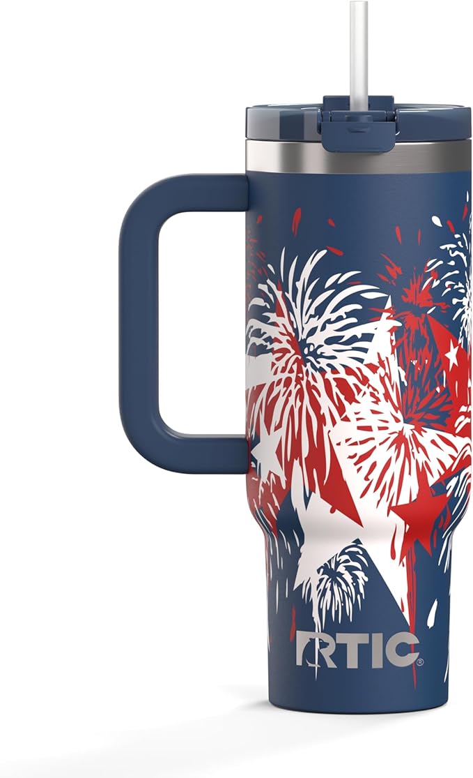 RTIC 30 oz Road Trip Tumbler Double-Walled Ceramic Lined InsulatedStainless Steel Portable Travel Coffee Mug Cup with Lid, Handle and Straw, Fireworks