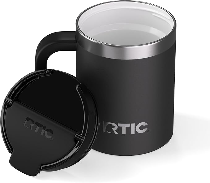 RTIC 12oz Essential Mug with Lid and Handle, Ceramic Lined, Black | Stainless Steel Metal, Insulated Travel Cup for Hot and Cold Drinks, Coffee, Car, Camping and Travel