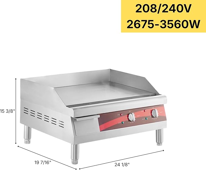 Commercial Electric Griddle 24", 208/240V, 2675W–3560W, for Restaurant