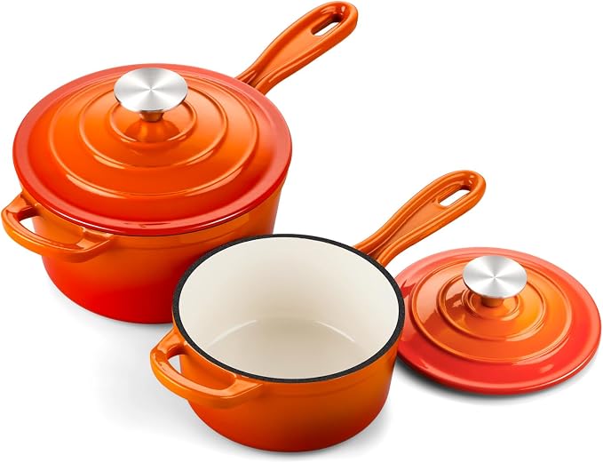 Onader Saucepan Set with Lid, 1QT & 2QT Small Enameled Cast Iron Pot Sets for Cooking, Nonstick Sauce Pan Dutch Oven, Induction Compatible, Heavy Duty – Sunset Orange