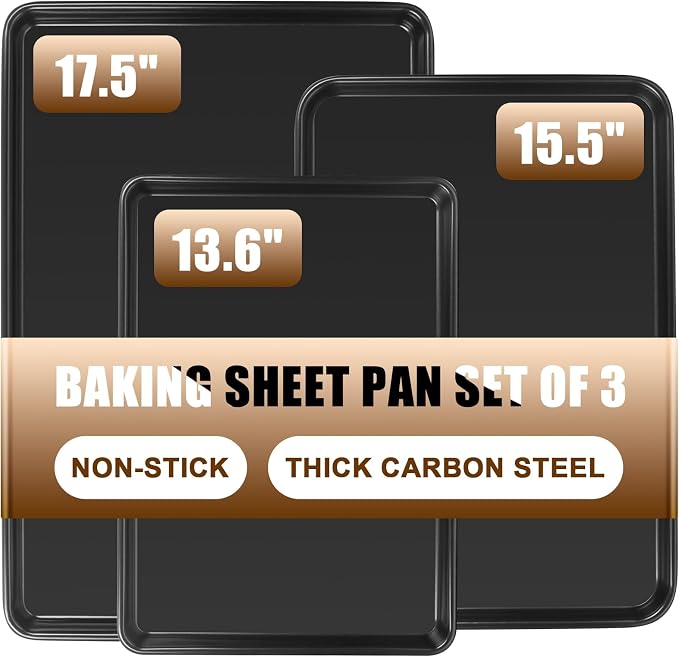 Baking Sheet Pan Set of 3, Nonstick Commercial Cookie Sheets for Baking | Commercial Half/Quarter/Jelly Roll Pans Replacement Toaster Oven Tray, Heavy Duty & Easy Clean