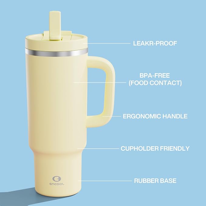 ENCOOL 40 oz Tumbler with Handle and Straw: Stainless Steel Insulated Tumbler Keeps Cold for 24 Hours, Leakproof Travel Cup Fits in Cup Holder and BPA-Free,Light Vanilla