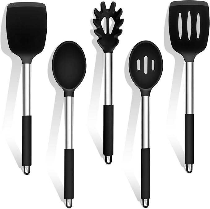 TeamFar Cooking Utensils Set, 5 PCS Silicone Kitchen Utensils, Black | Stainless Steel Handle, for Nonstick Cookware Flipping Frying Turning Draining, Heatproof & Healthy, Nonstick & Easy Clean