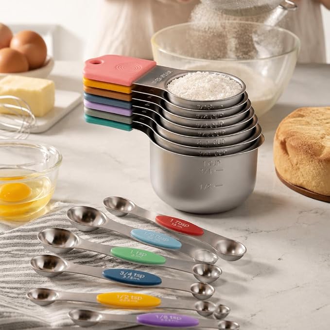 16Pcs 304 Stainless Steel Measuring Cups Spoons Set Color Silicone Handle Magnetic Stackable Baking Measuring Tools