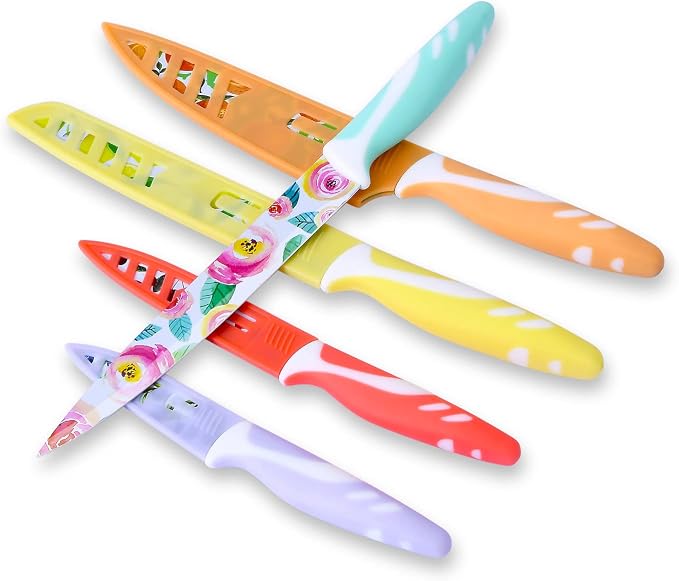 UPTRUST 10-piece Stainless Steel Kitchen Knife Set, Nonstick Coated with 5 Blade Guard, Multicolored Knives Set Gift for Mom