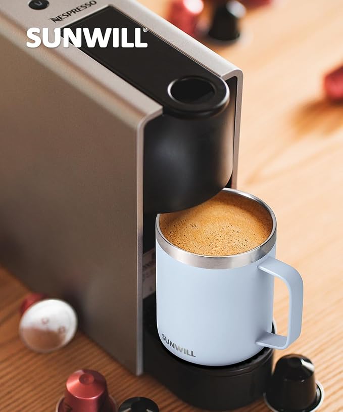 SUNWILL Insulated Coffee Mug, Stainless Steel 14 oz, Splash-Proof Lid | Keeps Drinks Hot & Cold, Powder-Coated Iceberg Finish, Dishwasher Safe, Ideal for Home & Office