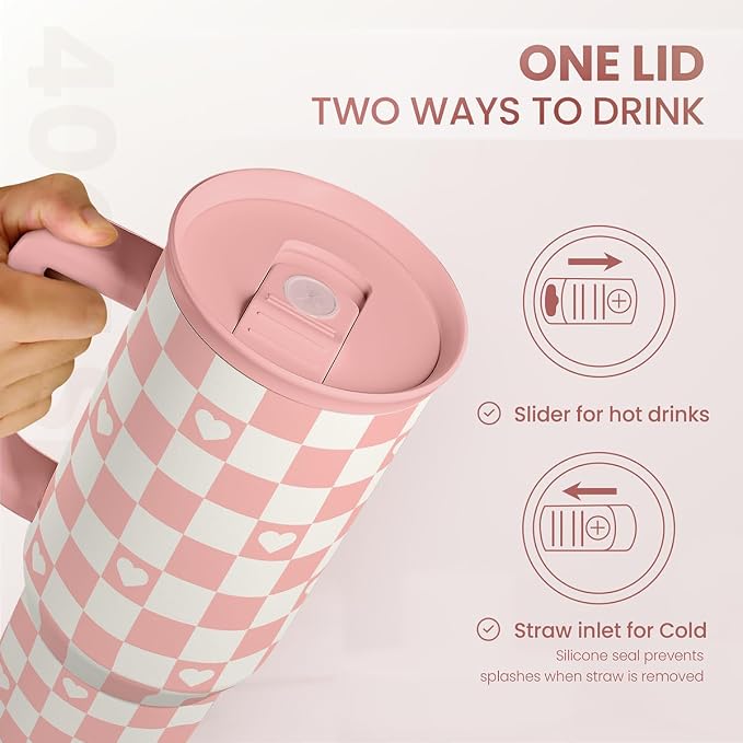 40oz Checkered and Heart Tumbler with Handle and Straw - Insulated Stainless Steel Travel Coffee Mug for Women Girls, Gift for Birthday, Christmas