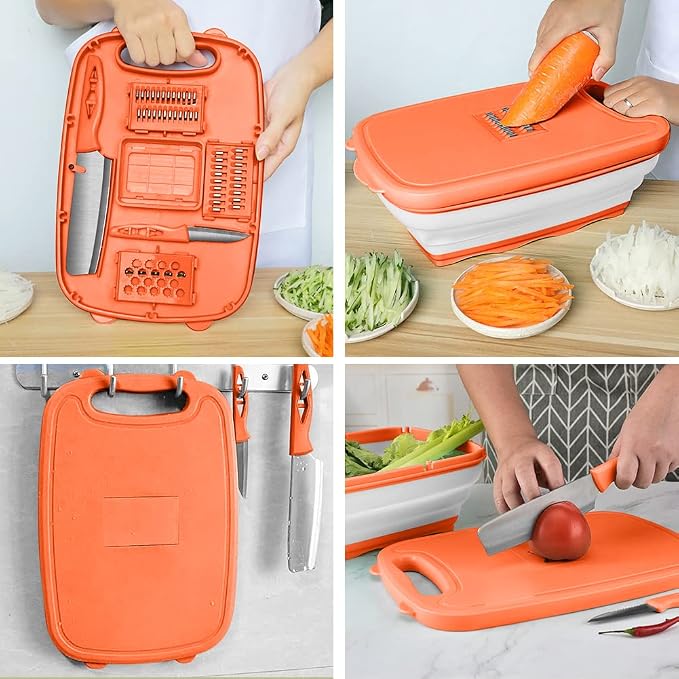Camping Cutting Board, HI NINGER Collapsible Chopping Board with Colander, 9-In-1 Multi Kitchen Vegetable Washing Basket,Camping Gifts Accessories for RV Campers | Multi Camping Cutting Board Kitchen Vegetable Washing Basket for Camper ,bbq prep tub,Ca...