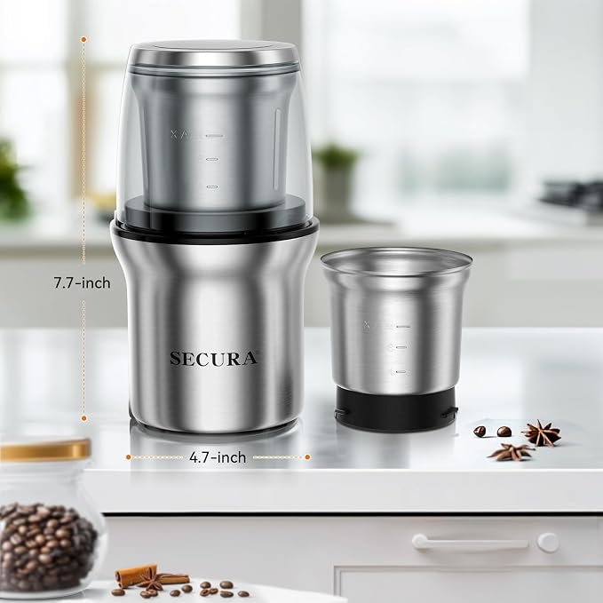 Secura Electric Coffee Grinder and Spice Grinder with 2 Stainless Steel Blades Removable Bowl | 2 Stainless Steel Blades Removable Bowls, For Spice, Coffee Bean, Dry and Wet Ingredients Grinding