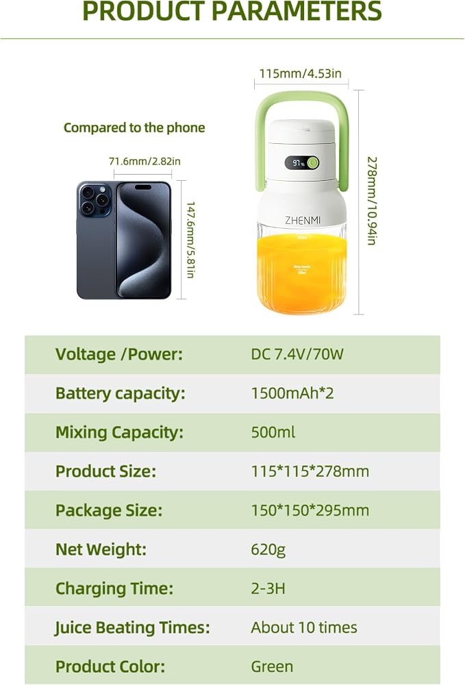 Portable Blender, Personal Blender for Smoothies & Shakes, Cordless, 33oz BPA-Free Vessel, 18000RPM Motor, Leakproof Lid with Sip Spout, USB-C Rechargeable, Easy-to-Clean Parts (Green)