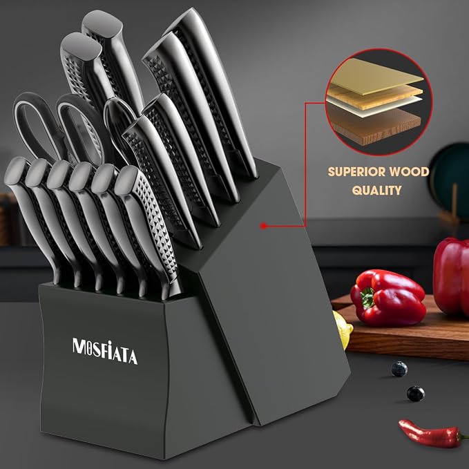 MOSFiATA Kitchen Knife Set, 17 Pcs Japanese Stainless Steel Knife Sets for Kitchen with Block with Knife Sharpening Rod, Dishwasher Safe, Titanium Plated Knife Block Set (Gray)
