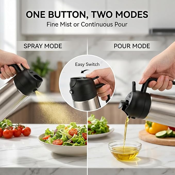 Oil Dispenser Bottle, 2 in 1 Olive Oil Sprayer and Dispenser, 470ml Stainless Steel Oils Bottle Non-stick Ceramic Interior Oils Sprayer for Cooking BBQ Air Fryer Salad Baking