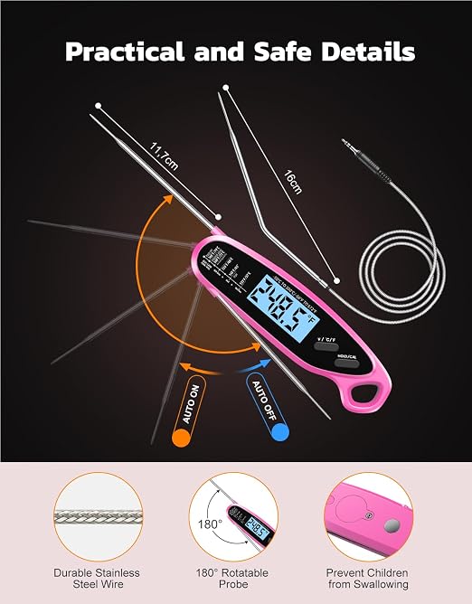 Instant Read Meat Thermometer Digital with Dual Probe | Large Backlit, Food Thermometer for Cooking, Grilling, Smoker, BBQ, Candy, Oil Fry, Pink Kitchen Accessories, Gift for Women