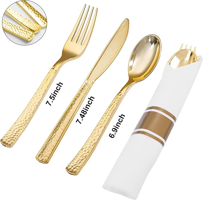400PCS Gold Wrapped Silverware Set Disposable Hammered for Weddings | Pre-Rolled and Individually Wrapped, 100 Guests, Durable and Sturdy, BPA free, Includes Matching Napkins, for Upscale Dinners