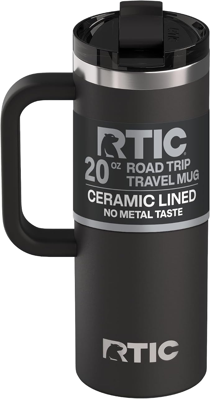 RTIC 20oz Road Trip Travel Mug with Lid and Handle, Ceramic Lined, Black | Stainless Steel Metal, Insulated Travel Cup for Hot and Cold Drinks, Coffee, Car, Camping and Travel