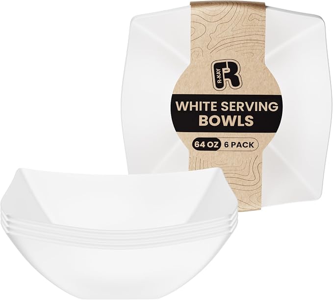 R-kay 6 Pack Square Plastic White Serving Bowls - White Plastic bowls 64 Oz - Salad Bowls Large Serving - Premium Heavy Duty For Weddings Catering And Birthday parties