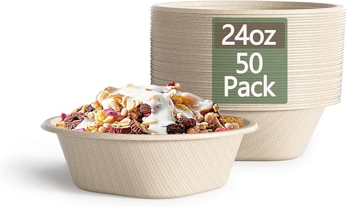 Disposable Bowls 24 Oz [50 Pack] - Compostable Bowls, Heavy Duty Paper Bowls Microwave Safe BPA-Free Eco Dinnerware for Kids Meals & Food Trucks (White)