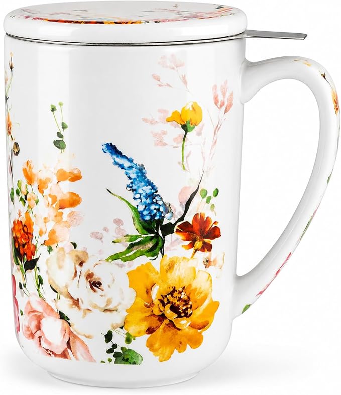 GBhome Tea Mug with Infuser and Lid,18 Ounce Ceramic Loose Leaf Cup Steeper | Lead-Free Glaze For Tea Lovers,Microwave & Dishwasher Safe with Tea Strainer
