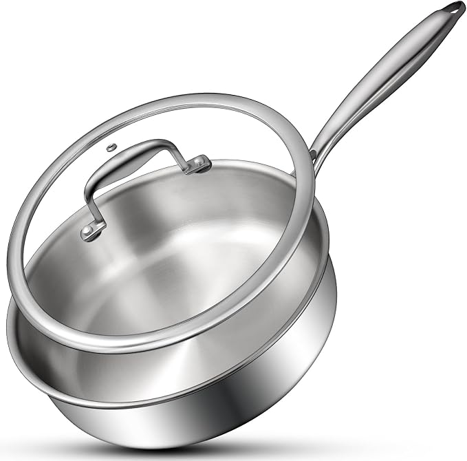 EWFEN Tri-Ply Stainless Steel Frying Pan 3QT, 10 Inch Deep Frying Pan with lids, Skillet, Induction Cooking Pan, Dishwasher and Oven Safe, Fast & Even Heat, Heavy Duty and Detachable Handle