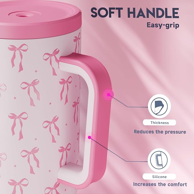 Meoky 40 oz Tumbler with Handle and Straw: Stainless Steel Insulated Tumbler with Lid and Straw - 100% Leak Proof Tumbler for Car Cup Holders - Travelers Commuters Workers, Bow