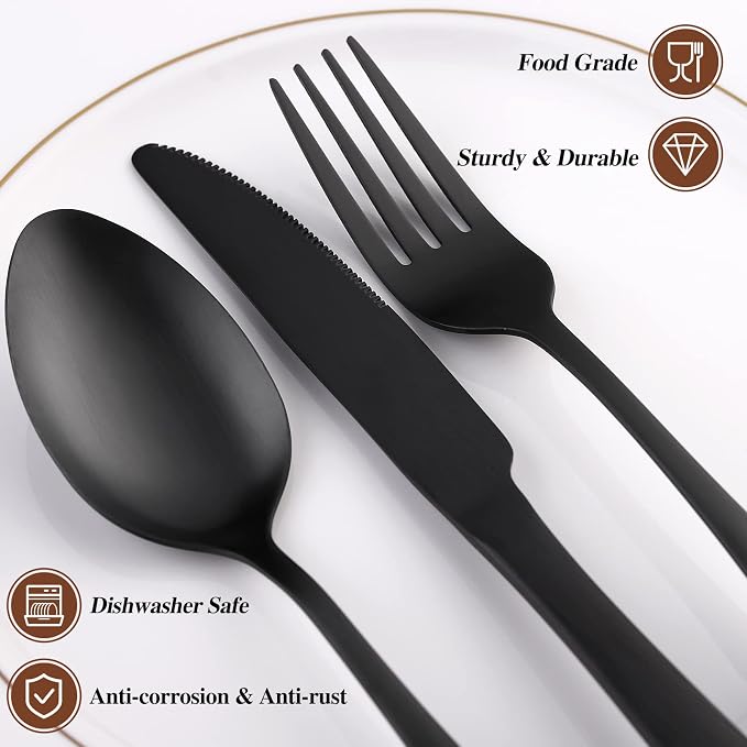 Matte Silverware Set for 8,SANLUNS 40-Piece Satin Finish Black Flatware Set,Stainless Steel Eating Dish Cutlery For 8,Fine Dinner Knifes Forks Spoons,Utensils Tableware for Kitchens Dishwasher Safe