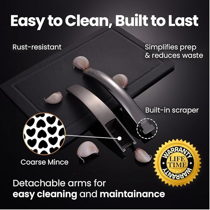 Gourmet Easy Lifetime Replace Garlic Press, No Need to Peel, Coarse Mince | Detachable Design for Easy Cleaning, Ergonomic Handle for Effortless Press, Stainless Steel Rust-Resistant, Dishwasher Safe