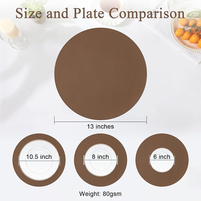 SHACOS 100 pcs Round Paper Placemats Disposable 13 inch Colored Paper Decorative Place Mats for Wedding Birthday Party Bridal Baby Shower Events Table Decoration, Brown (Pack of 2)