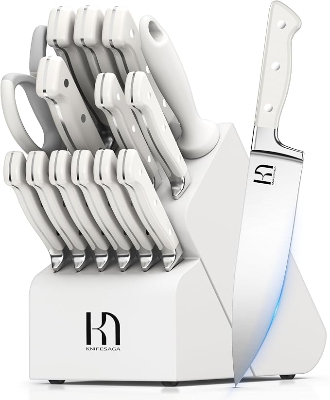 KnifeSaga 15-pc Japanese Kitchen Knife Block Set, Razor Sharp, Professional | Innovative Steel, High Carbon Stainless, Enduring Sharpness, Ergonomic Handle, Quality Acacia Wood Block, Full-tang, Gift Box