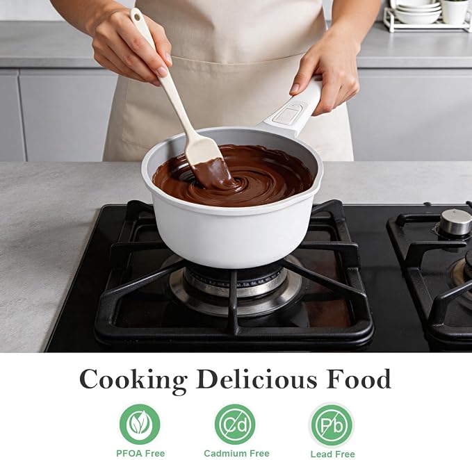 AIKENBBKK Sauce Pan with Lid, 2 Qt Ceramic Saucepan with Lid, Non Stick Sauce Pan, Milk Pot & Sauce Pot & Saucepan with Pour Spout, Detachable Handle Milk Pan, Induction Compatible, Oven Safe, White