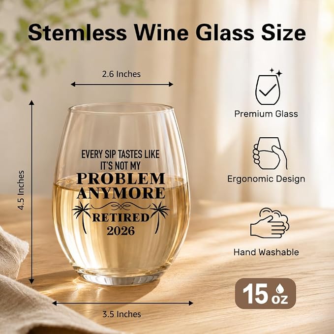 Retired 2026 Wine Glass for Women Men, Funny Retirement Stemless Wine Glass, 2026 Retirement Party Decoration, Farewell Gifts for Coworker Boss Grandpa Mentor