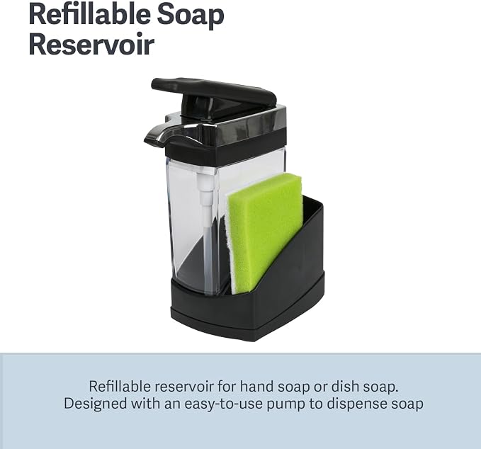 Casabella Sink Sider Solo Kitchen Soap Pump and Sponge Caddy, Black/Chrome - 2-in-1 Soap and Sponge Caddy, One-Hand Soap Dispensing, Easy to Refill and Clean, Efficient Size (Pack of 6)