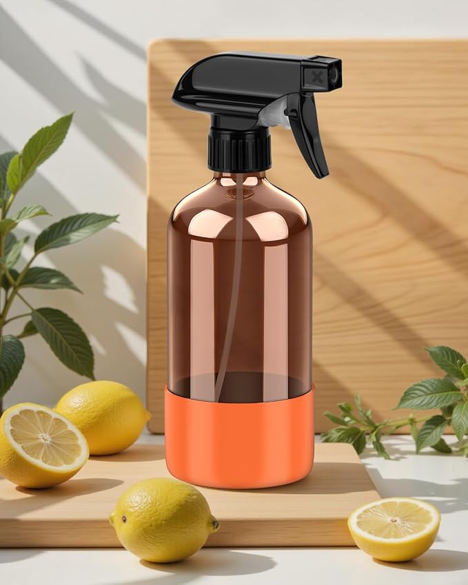 Bontip Amber Glass Spray Bottle, 16 oz, 1 Pack (Black & Brown & Orange) | Refillable amber glass bottle, With protective silicone sleeve, BPA-free, UV shielding, Great for cleaning solutions,plants